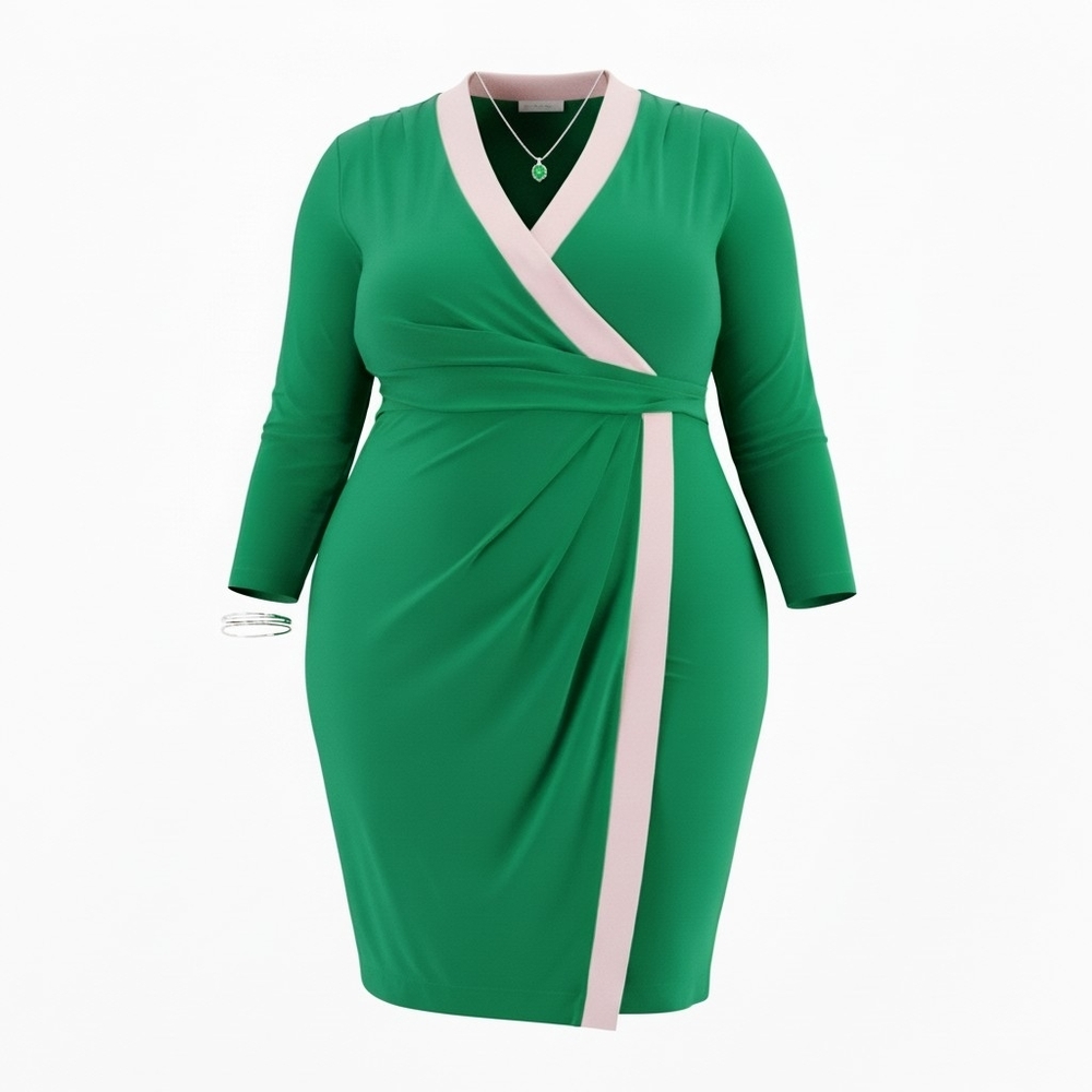 Kasper Plus size Surplice V-Neck Long-Sleeve Dress faux wrap colorblock green
